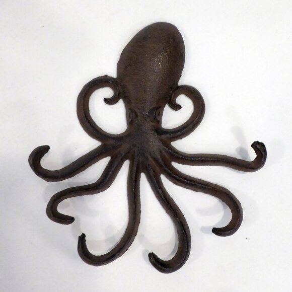 NEW 7” CAST IRON RUSTIC BROWN NAUTICAL SEA OCTOPUS WALL COAT TOWEL HOOK - Picture 1 of 6